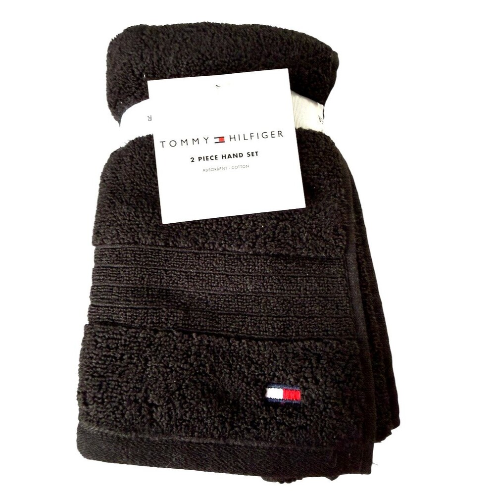 Tommy Hilfiger Logo Hand Towels Set of 2 Bathroom Black 100% Cotton 16x30"